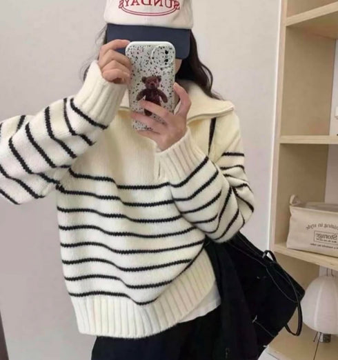 Heavy Knitted Collar Zip Stripes Pullover